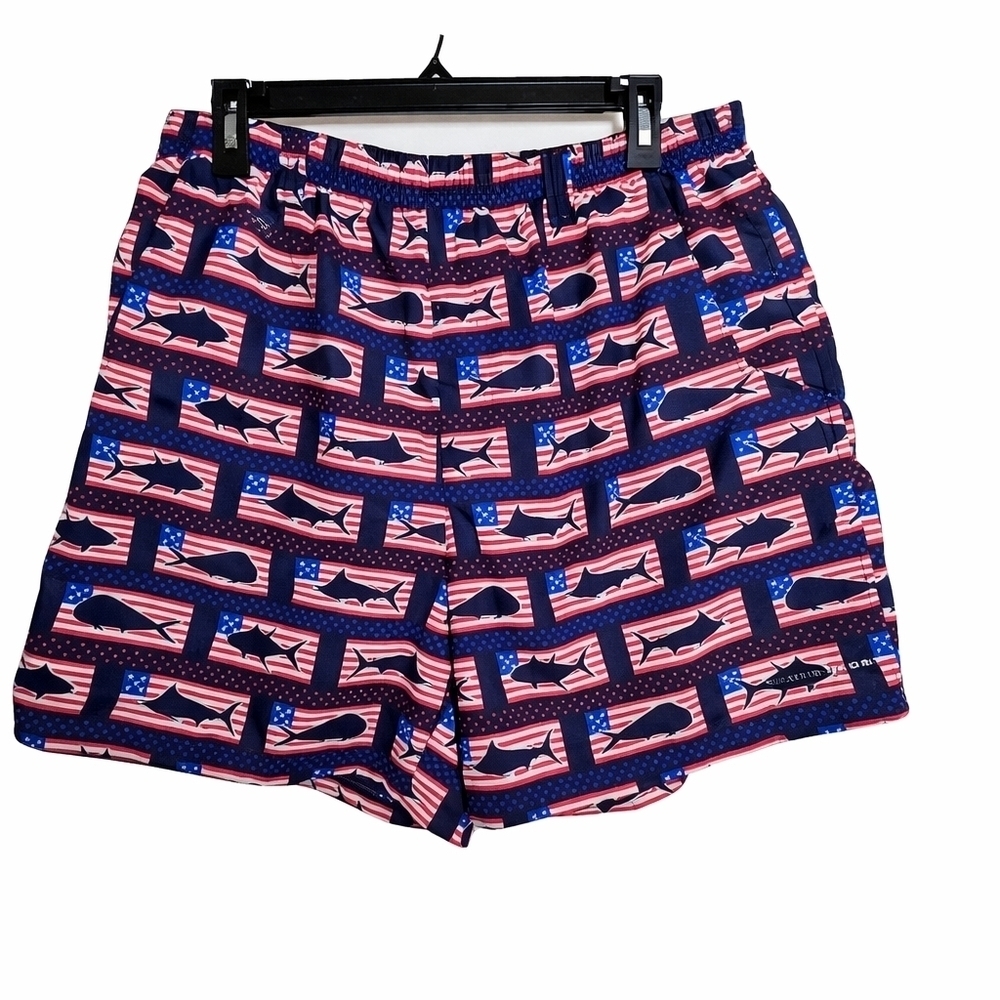 Columbia PFG Mens L Fish Flag Swim Trunks Patriotic Omni-Shade